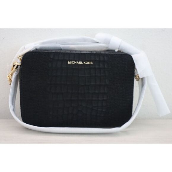 Michael Kors Women's MD Black Croc Embossed Leather Camera Crossbody Bag - Picture 2 of 16